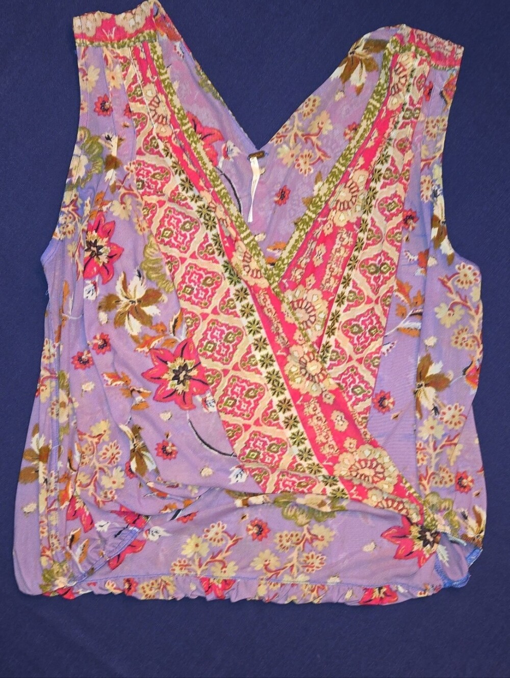 Free People Lavender Floral V-Neck Faux Wrap Tank with Pink Accents
